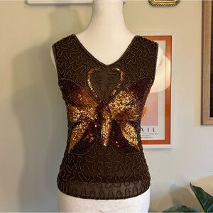 Y2K sequin and beaded brown and bronze butterfly top